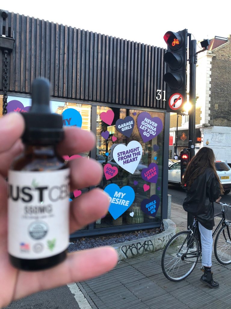 JustCBD Coconut Oil CBD Tincture in Columbia Flower Market, Columbia Road, Hackney, London. JustCBD makes everything better!